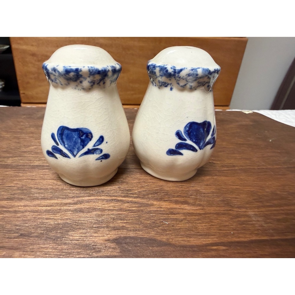 Vintage Blue Heart Ceramic Salt and Pepper Shakers Farmhouse Cream Crackle Glaze